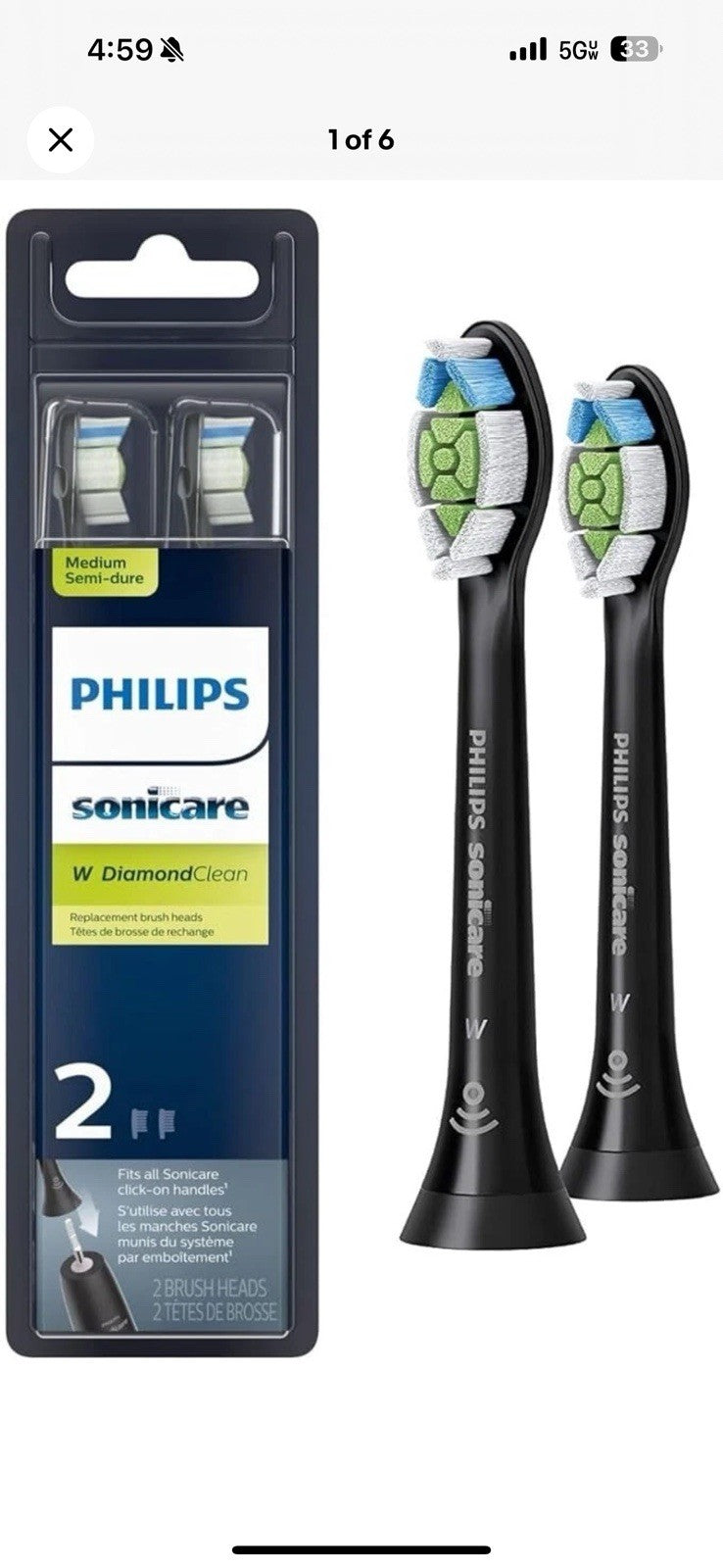 PHILIPS SONICARE GENUINE W DIAMONDCLEAN TOOTHBRUSH HEADS, 2 BRUSH HEADS, BLACK