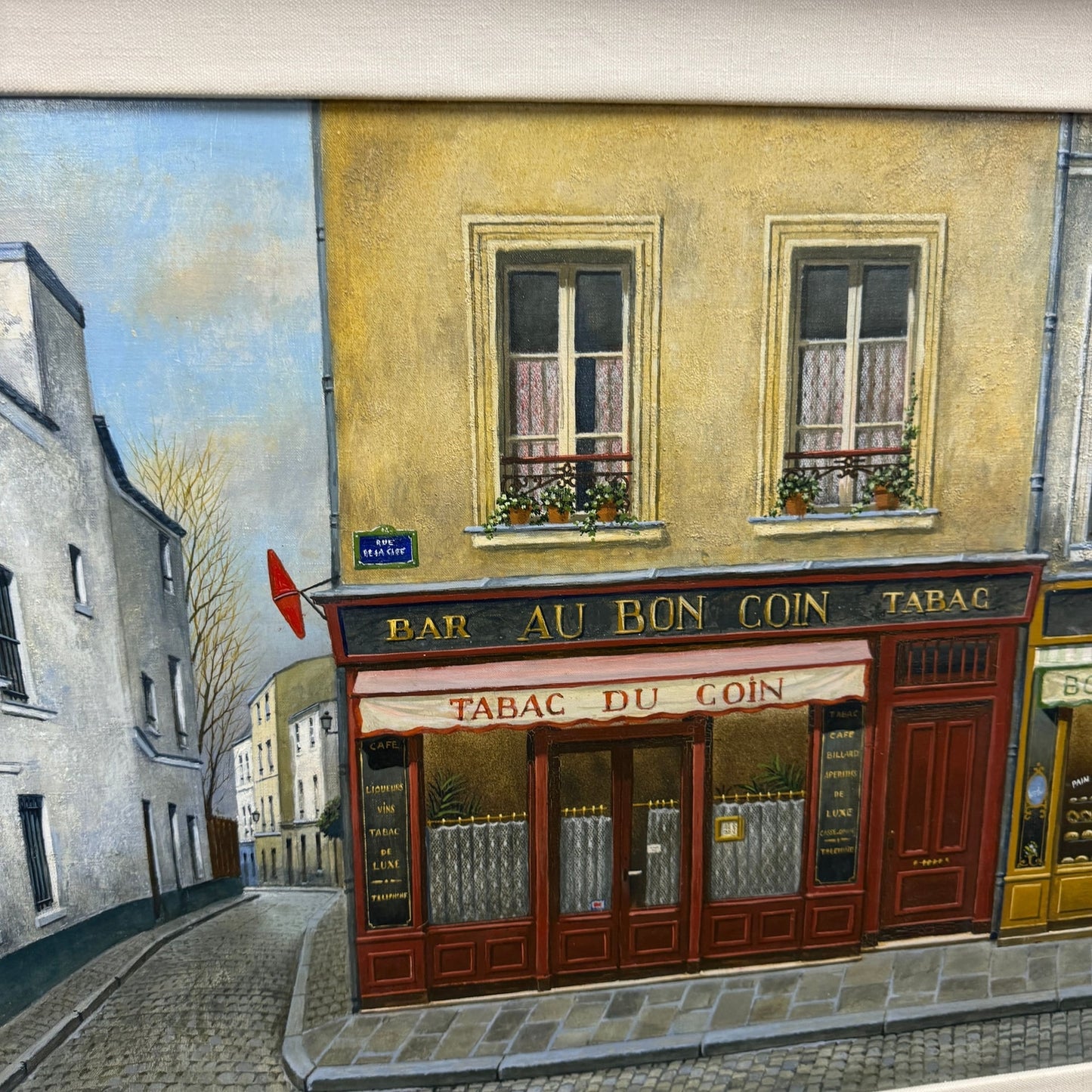 Framed Oil Painting of French Street Scene - Tabac, Boulangerie, Fromagerie Shop