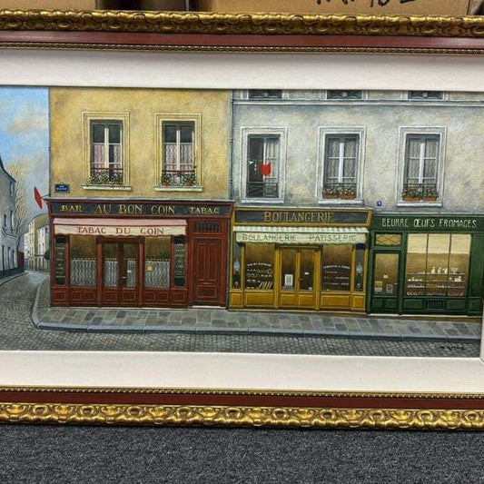 Framed Oil Painting of French Street Scene - Tabac, Boulangerie, Fromagerie Shop