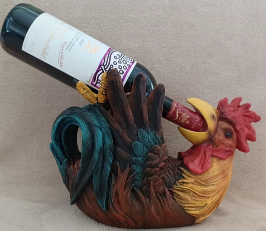 Drinking Rooster Wine Bottle Holder Tabletop Decoration 12" x 8" Resin