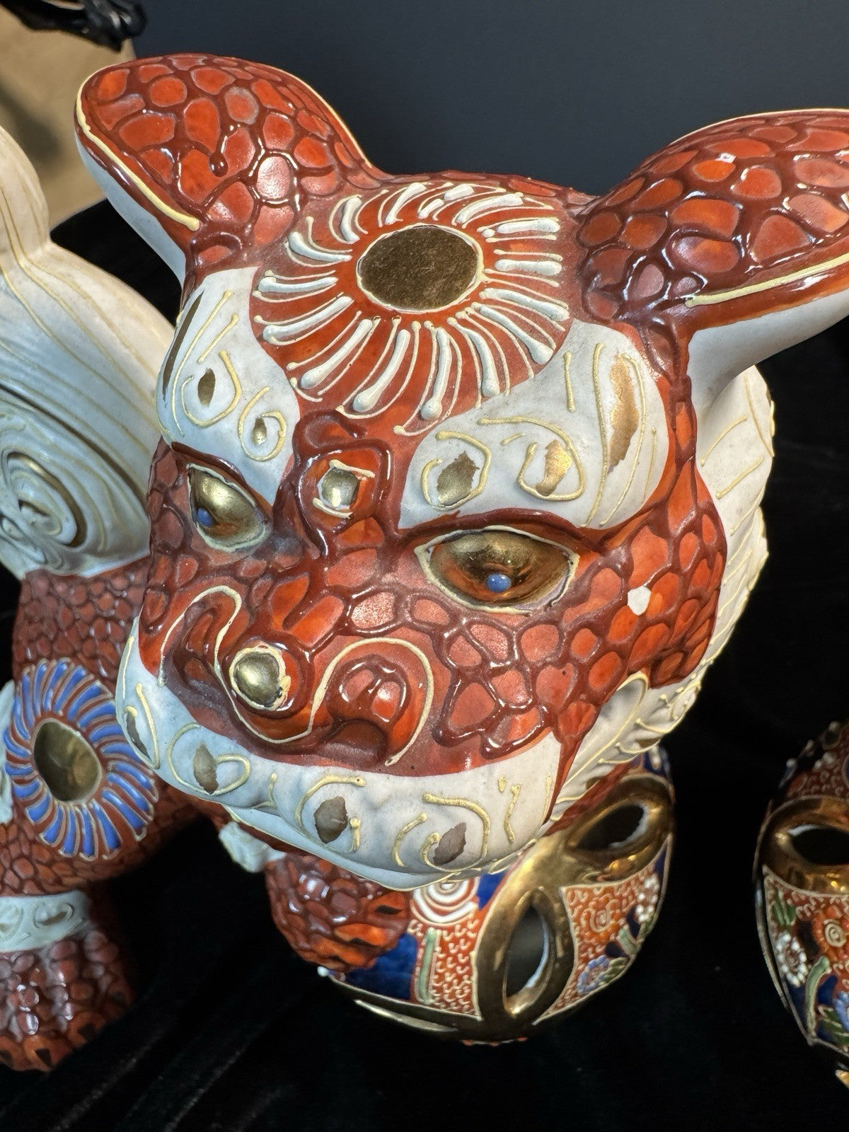 JAPANSE KUTANI ~ SHOWA PERIOD~FOO DOG(S)~CREAM, ORANGE, BLUE & WHITE~STUNNING!!