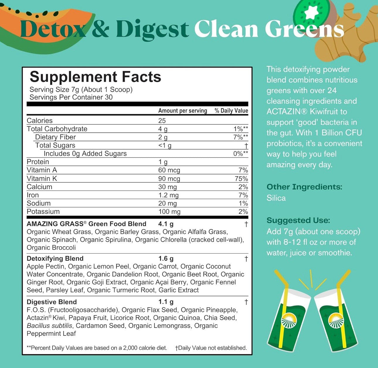 Amazing Grass Greens Blend Detox & Digest Vegan Powder - 7.4oz - 30 Servings