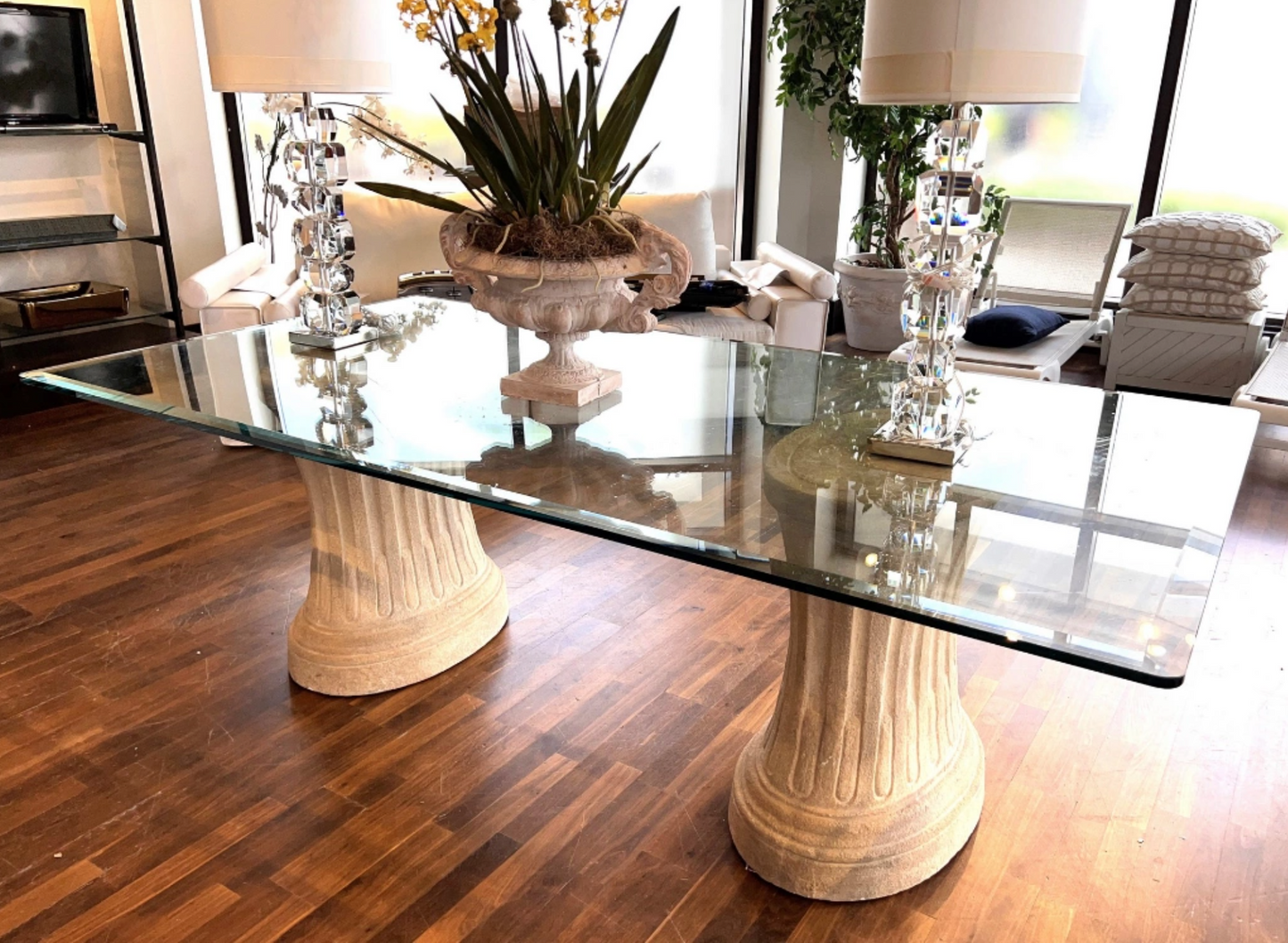 90" x 48" Beveled Glass Top Table with Heavy Stone Bases